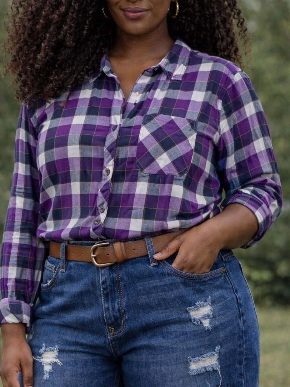 Eddie Bauer Plaid Button Up Shirt XL Purple Cotton Flannel Casual Layering
